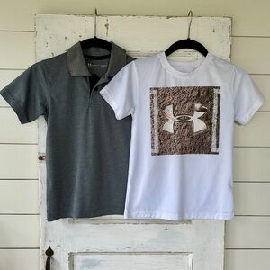 UNDER ARMOUR, BOYS SHORT SLEEVE SHIRTS. SET/2, GREY POLO & WHITE T-SHIRT. SIZE 7